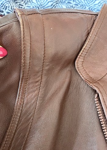 Kadın Kahverengi Deri Ceket, Düğmeli, Salaş - Görsel 11