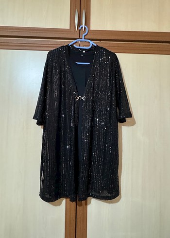 Siyah Parlak payetli Uzun ceket - Görsel 2