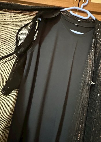 Siyah Parlak payetli Uzun ceket - Görsel 4