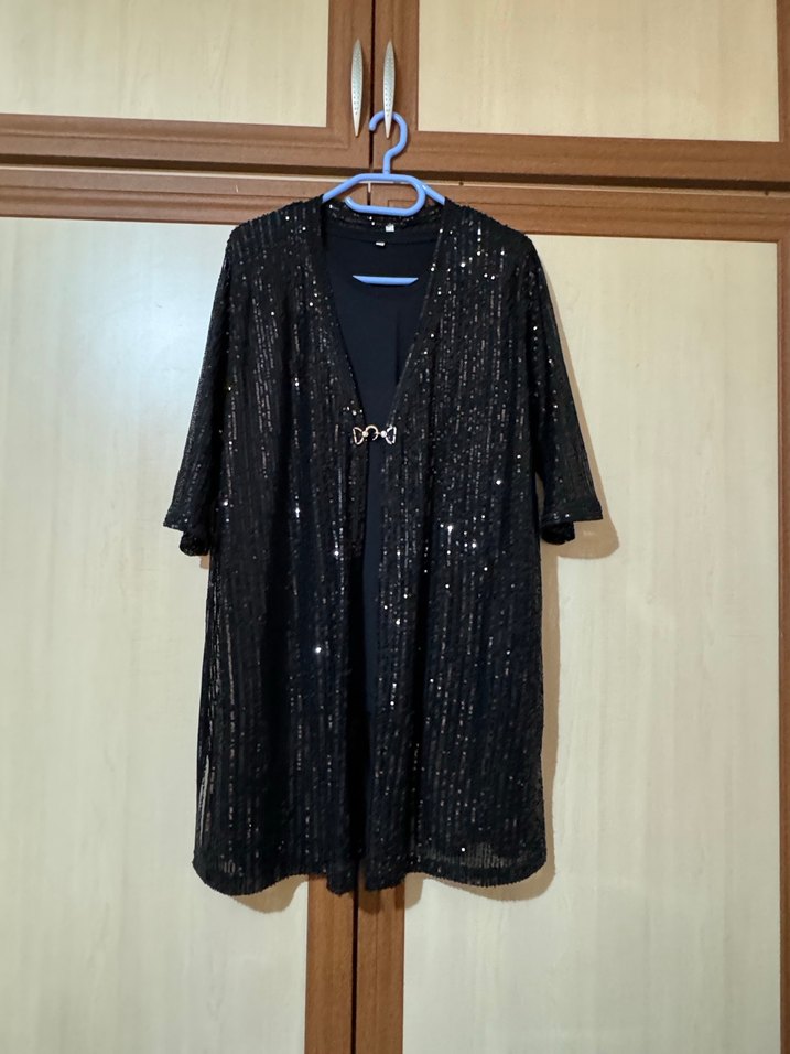 Siyah Parlak payetli Uzun ceket - Görsel 2