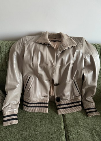 Düğmeli Bej Deri Kadın Ceket - Görsel 2