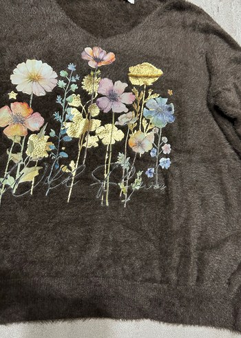 Bohem Çiçek Desenli Örgü Kahverengi Kazak - Görsel 2