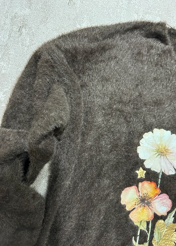 Bohem Çiçek Desenli Örgü Kahverengi Kazak - Görsel 3