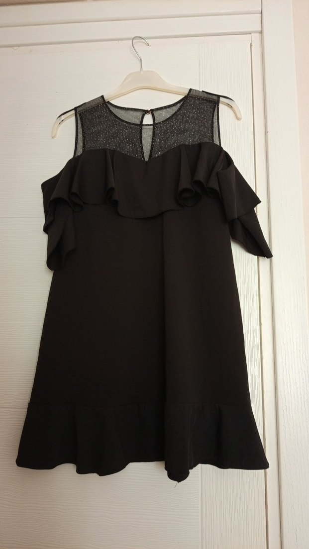 Siyah Fırfırlı Midi Kokteyl Elbisesi - Görsel 2