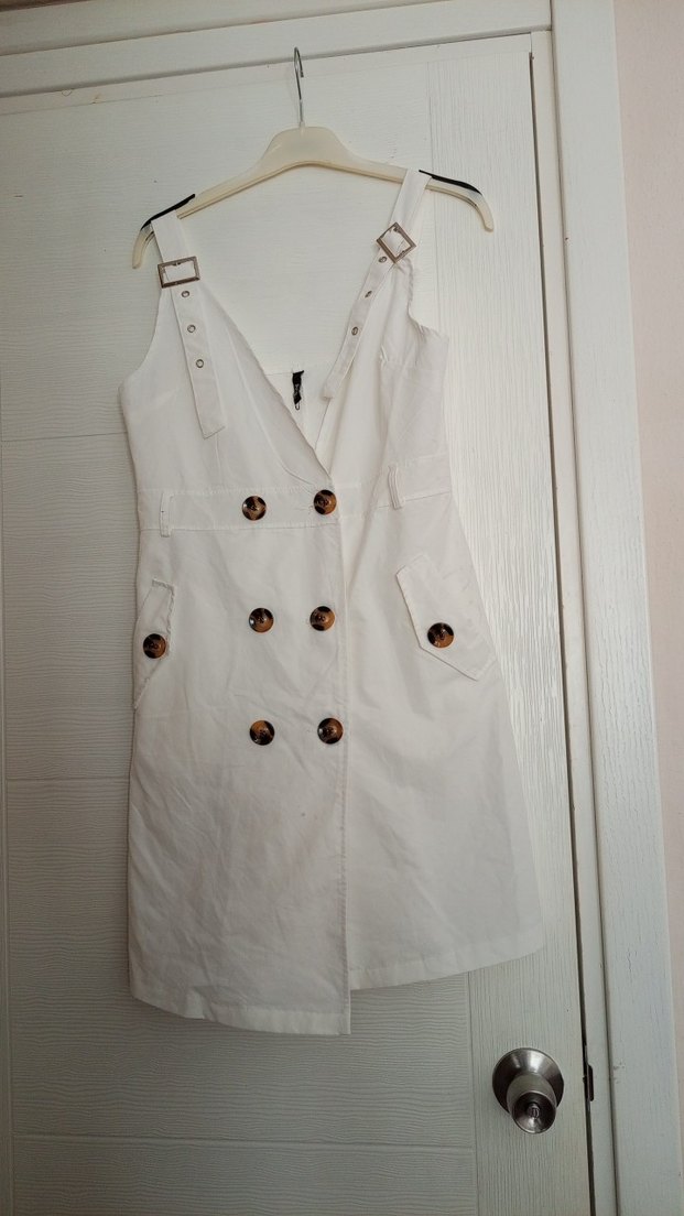 Düğmeli Beyaz Mini Elbise - Görsel 2