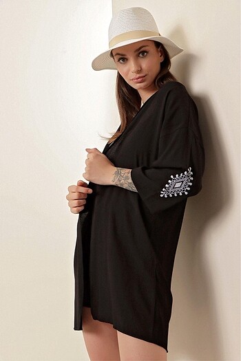 xl Beden siyah Renk Nakışlı Kimono