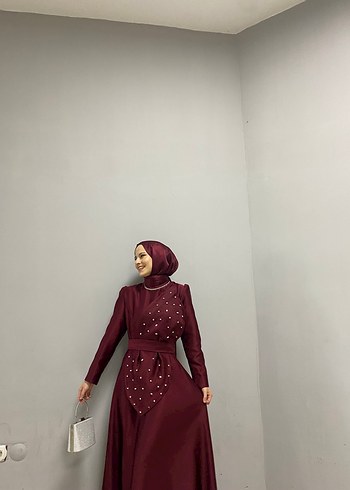 36 Beden bordo Renk Bordo Uzun Kollu İşlemeli Kadın Abiye Elbise Tesettür