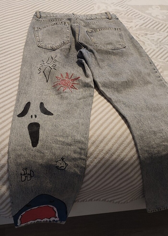 Mavi kot  bayan pantolon özel el boyamalı - Görsel 2