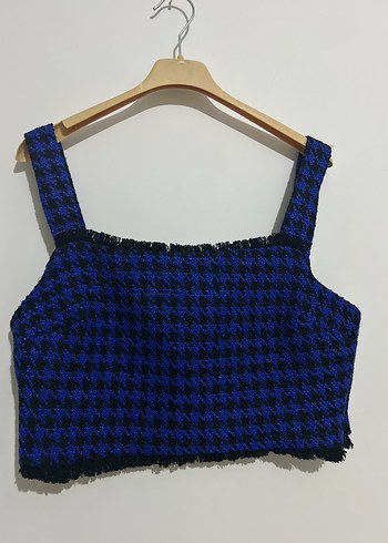 Kadın Mavi Örgü Mini Crop Top - Görsel 3