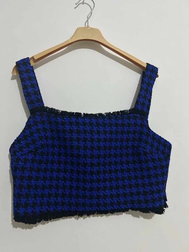Kadın Mavi Örgü Mini Crop Top - Görsel 3