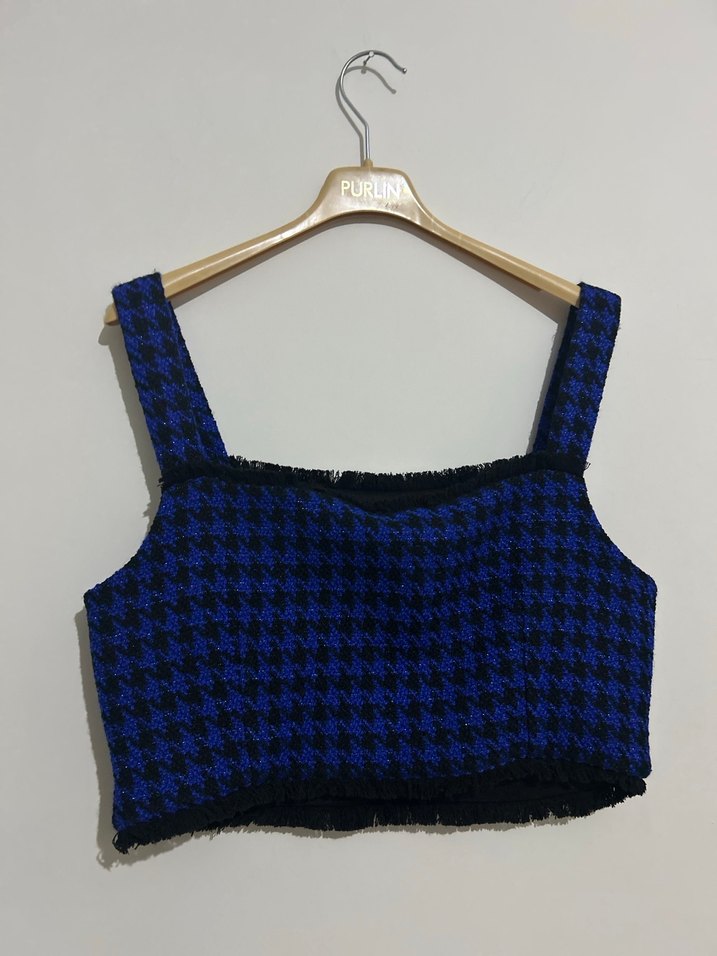 Kadın Mavi Örgü Mini Crop Top - Görsel 4