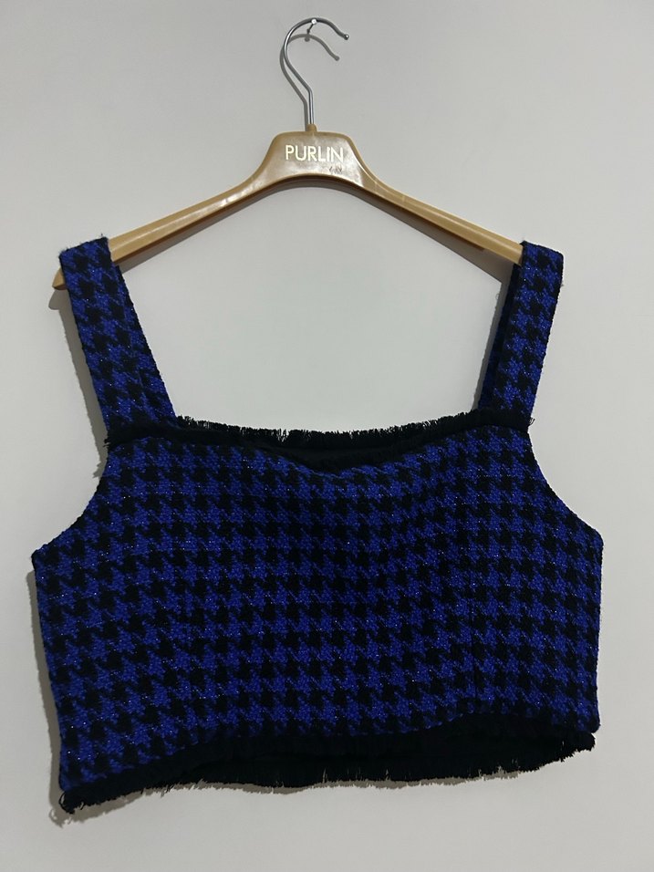 Kadın Mavi Örgü Mini Crop Top - Görsel 2