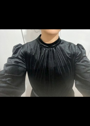 Siyah Kadife Yüksek Yakalı Uzun Kadın Elbise - Görsel 3