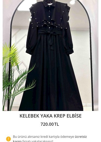 Uzun Siyah Krep Kelebek Yaka Elbise
