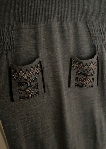 Nakışlı Gri Bohem Uzun Triko Elbise - Görsel 4