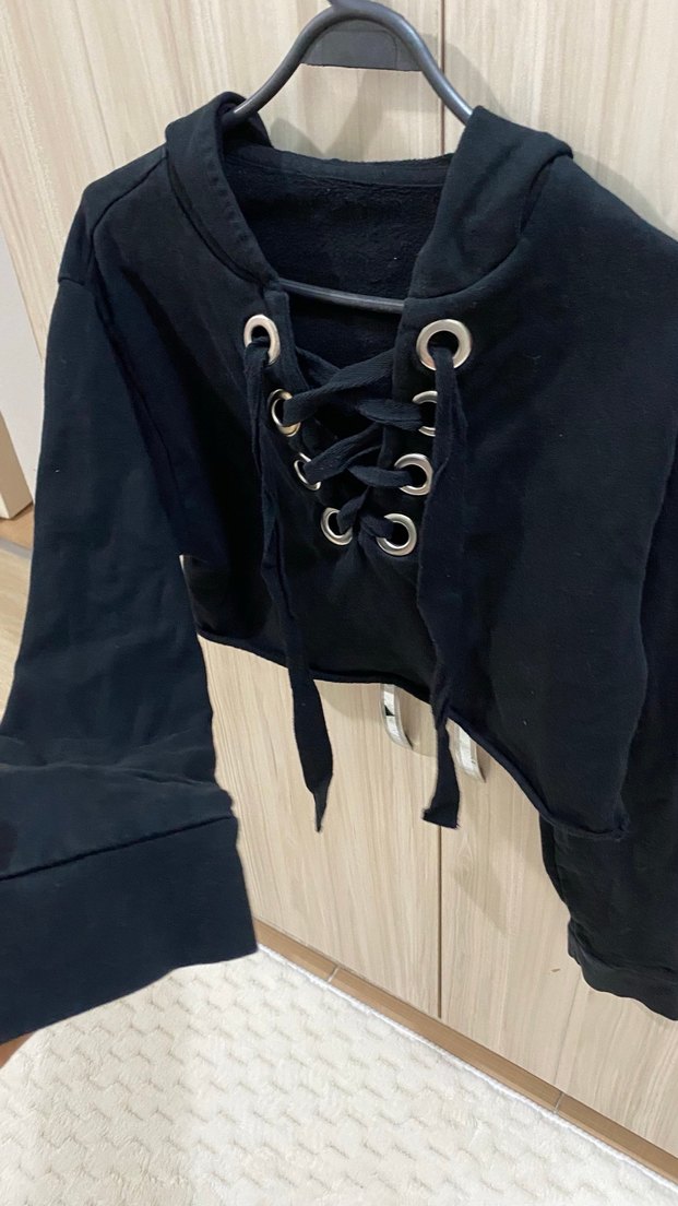 Siyah Strappy Kadın Sweatshirt - Görsel 3