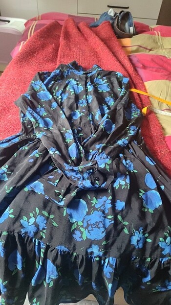 Diğer Karol marka uzun kollu şifon elbise m beden siyah & mavi desenli