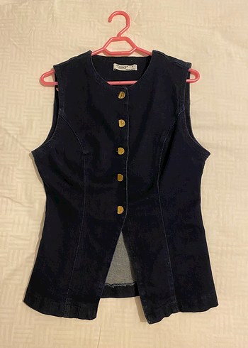 Düğmeli Koyu Mavi Denim Kadın Yelek