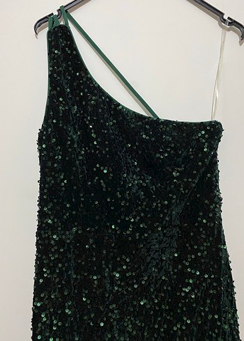 Yeşil Payetli Tek Askılı Uzun Abiye Elbise - Görsel 2