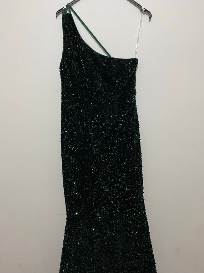 Yeşil Payetli Tek Askılı Uzun Abiye Elbise - Görsel 3