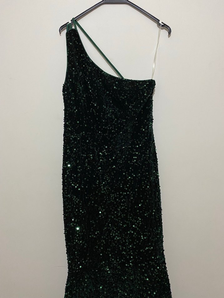 Yeşil Payetli Tek Askılı Uzun Abiye Elbise - Görsel 5