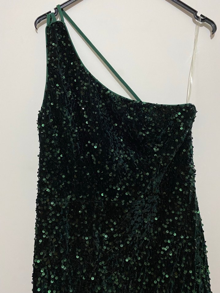 Yeşil Payetli Tek Askılı Uzun Abiye Elbise - Görsel 2