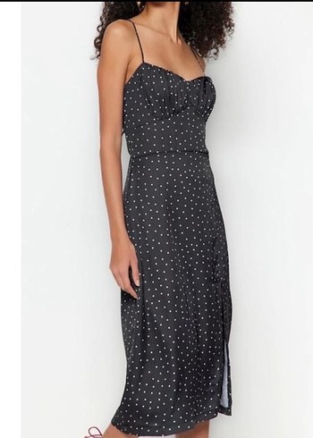 Puantiye Desenli Askılı Uzun Kokteyl Elbisesi - Görsel 2