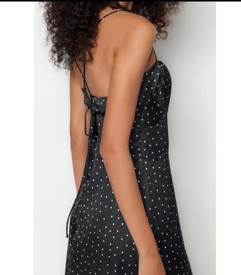 Puantiye Desenli Askılı Uzun Kokteyl Elbisesi - Görsel 3