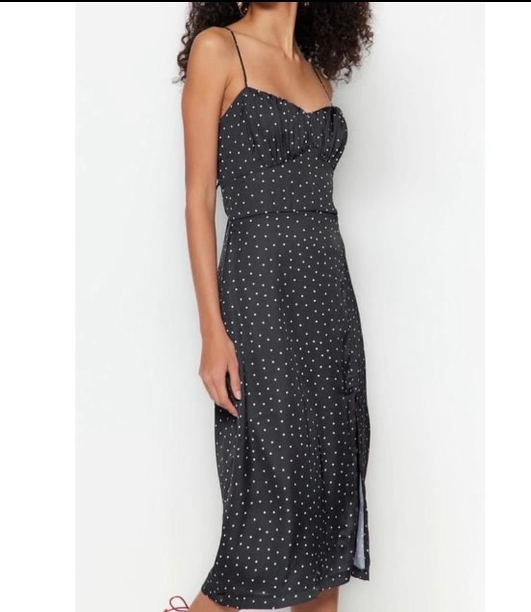 Puantiye Desenli Askılı Uzun Kokteyl Elbisesi - Görsel 2