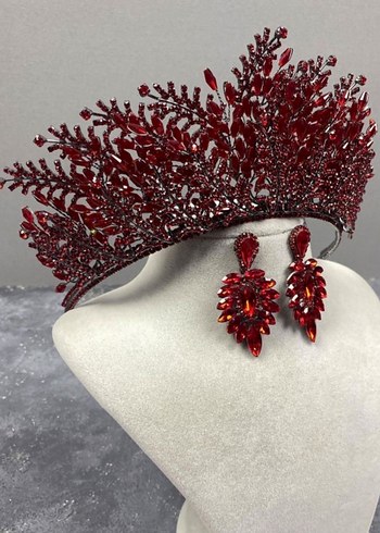 Bordo Payetli Bohem Tarz Tac ve Küpe Seti - Görsel 2