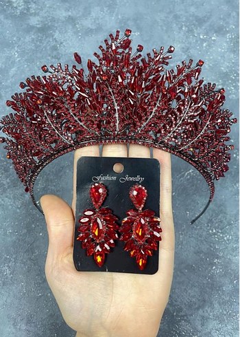 Bordo Payetli Bohem Tarz Tac ve Küpe Seti - Görsel 3