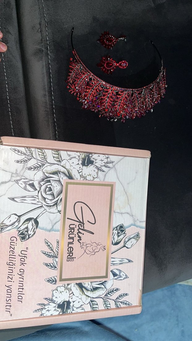 Bordo Payetli Bohem Tarz Tac ve Küpe Seti - Görsel 5