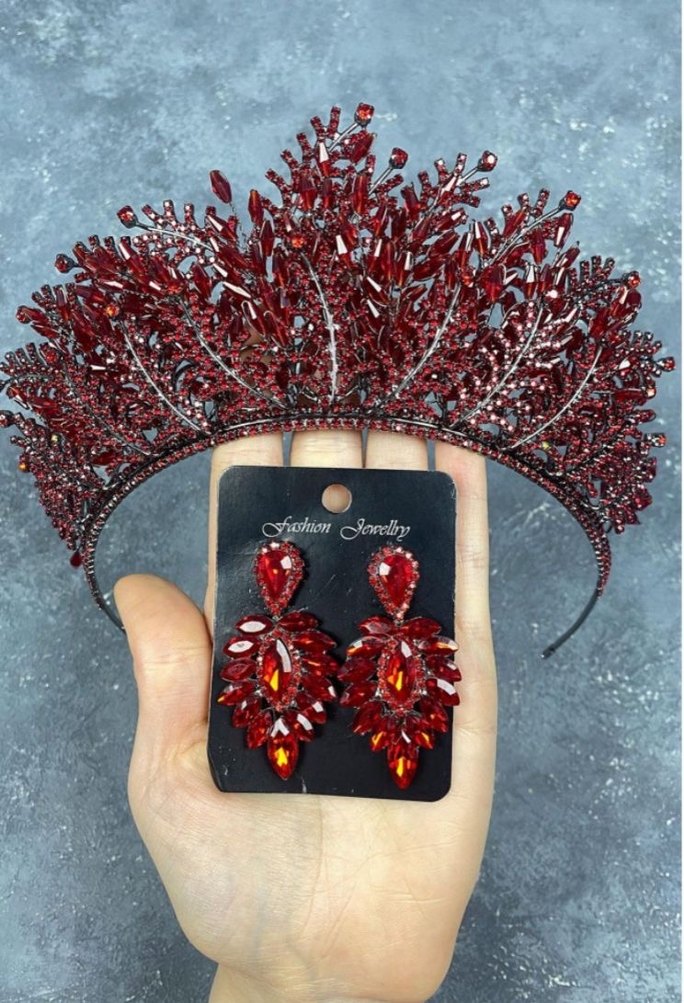 Bordo Payetli Bohem Tarz Tac ve Küpe Seti - Görsel 3