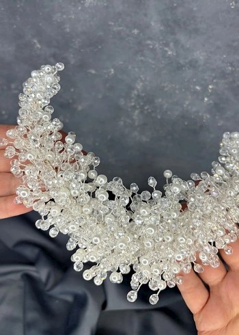 Boncuk İşlemeli Gri Örgü Saç Aksesuarı - Görsel 5