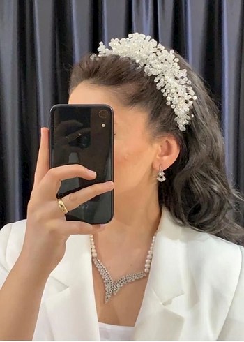 Boncuk İşlemeli Gri Örgü Saç Aksesuarı - Görsel 3