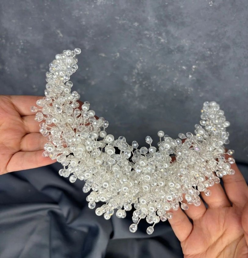 Boncuk İşlemeli Gri Örgü Saç Aksesuarı - Görsel 5