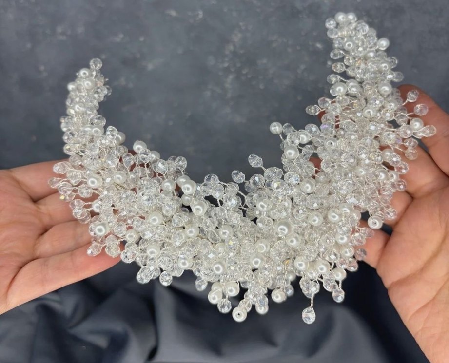 Boncuk İşlemeli Gri Örgü Saç Aksesuarı - Görsel 2