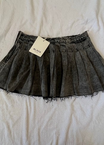 Gri Pileli Denim Mini Etek SATILDI