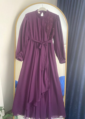 Mor Uzun Kollu Nakışlı Bohem Abiye Elbise - Görsel 2