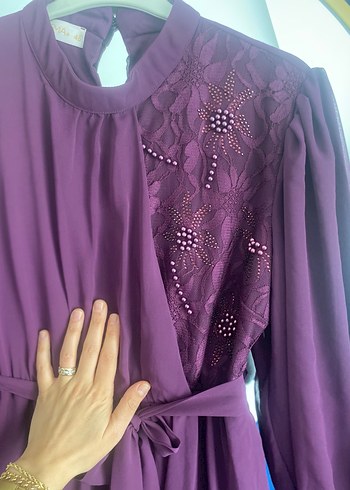 Mor Uzun Kollu Nakışlı Bohem Abiye Elbise - Görsel 7