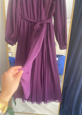 Mor Uzun Kollu Nakışlı Bohem Abiye Elbise - Görsel 9