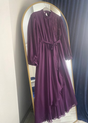 Mor Uzun Kollu Nakışlı Bohem Abiye Elbise - Görsel 5