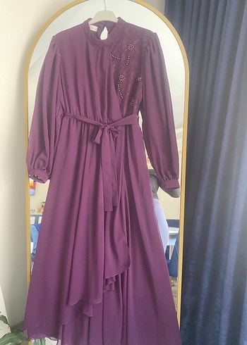 Mor Uzun Kollu Nakışlı Bohem Abiye Elbise - Görsel 3