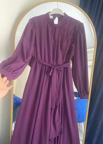Mor Uzun Kollu Nakışlı Bohem Abiye Elbise - Görsel 4