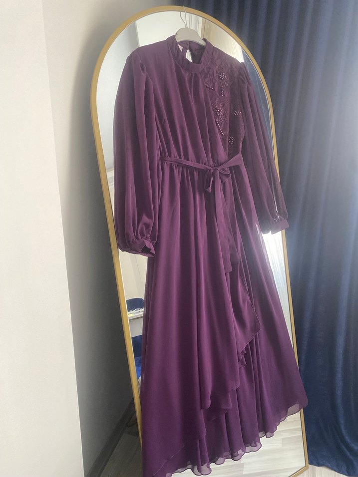Mor Uzun Kollu Nakışlı Bohem Abiye Elbise - Görsel 5