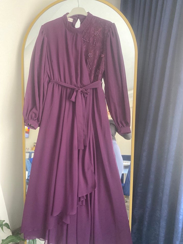Mor Uzun Kollu Nakışlı Bohem Abiye Elbise - Görsel 3