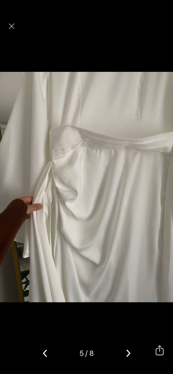 Uzun Beyaz Saten Drapeli Tesettür Abiye Elbise - Görsel 5