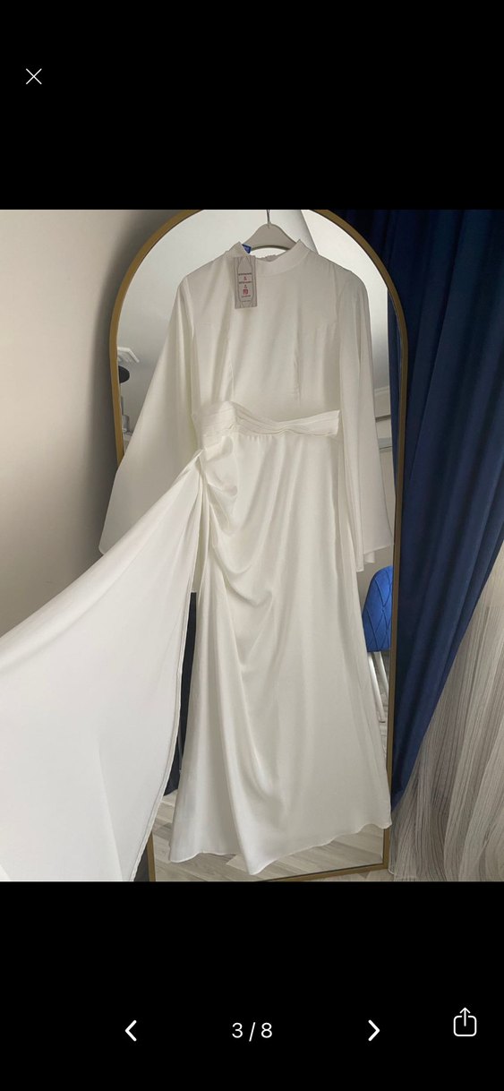 Uzun Beyaz Saten Drapeli Tesettür Abiye Elbise - Görsel 3