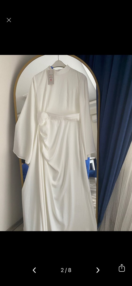 Uzun Beyaz Saten Drapeli Tesettür Abiye Elbise - Görsel 2