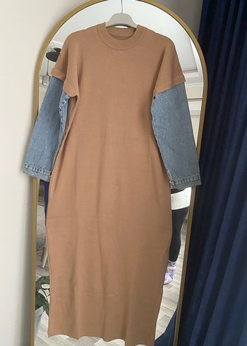 Kahverengi Uzun Denim Kollu Elbise - Görsel 2
